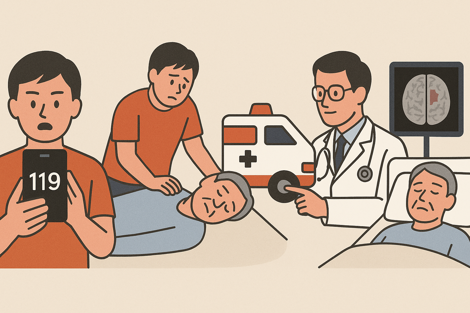 뇌졸중 응급대처 흐름: 119 신고부터 병원 진단 및 치료까지 5단계 절차 시각화
