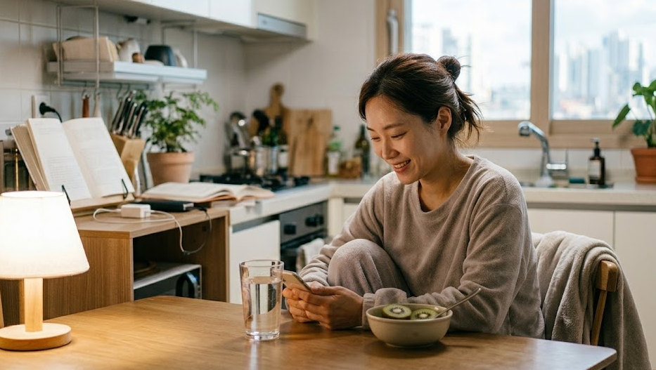 변비로 아침에 일어나 물과 키위를 챙겨 먹는 여성