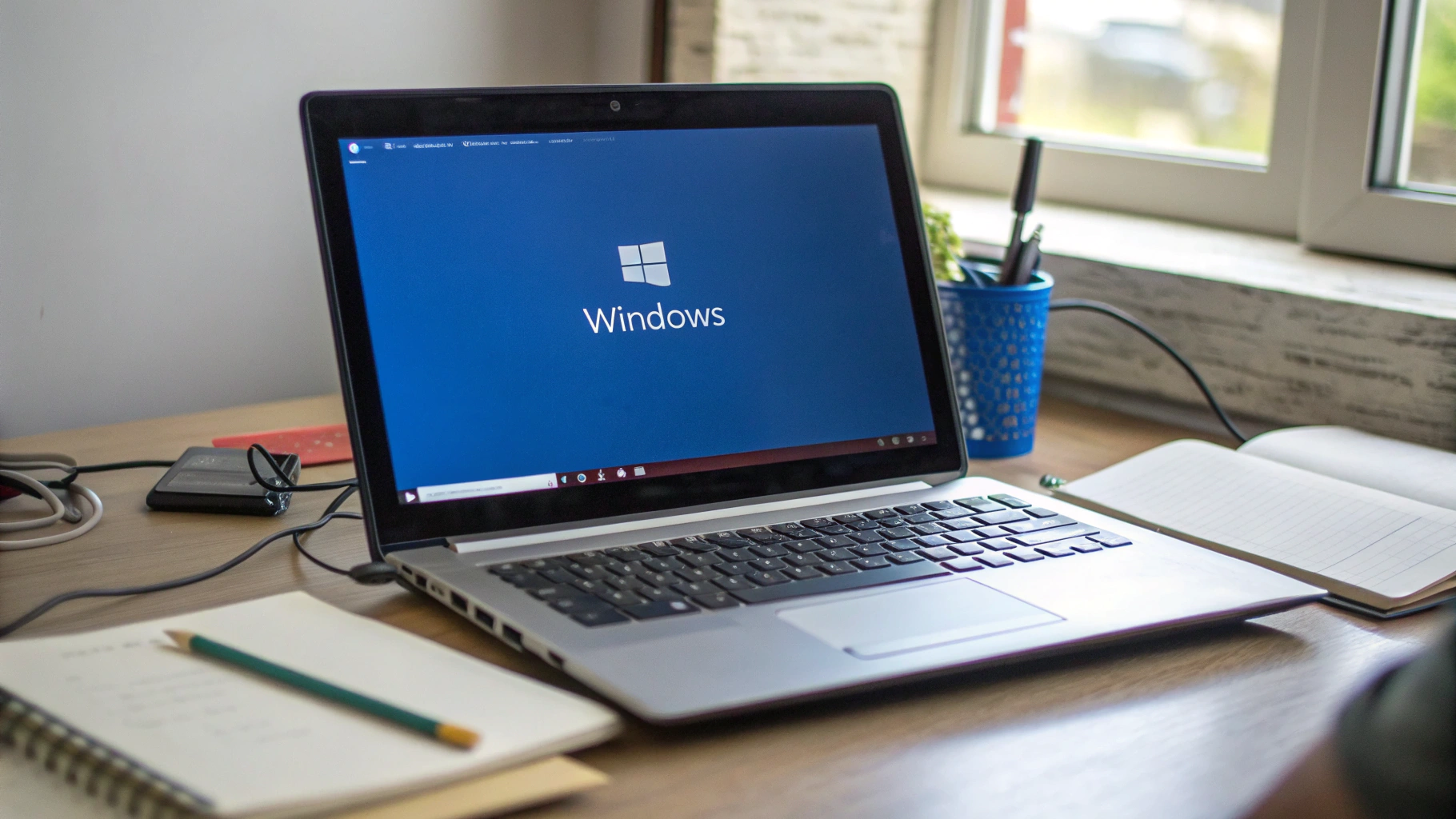 책상 위에 놓인 노트북 화면에 파란색 배경과 함께 Windows 로고와 'Windows'라는 텍스트가 표시되어 있음. 노트북 주변에는 필기 노트, 연필, 펜꽂이, 외장하드, 전원 케이블 등이 놓여 있으며, 창문을 통해 자연광이 들어오는 깔끔한 작업 공간 분위기