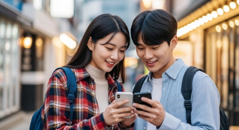 청년 남녀가 스마트폰 화면을 함께 보는 모습