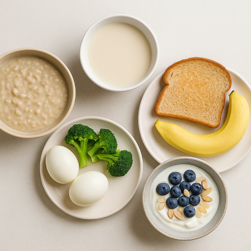 저혈당 아침 식단 구성 – 귀리죽, 삶은 달걀, 브로콜리, 두유, 토스트, 바나나, 요거트와 블루베리