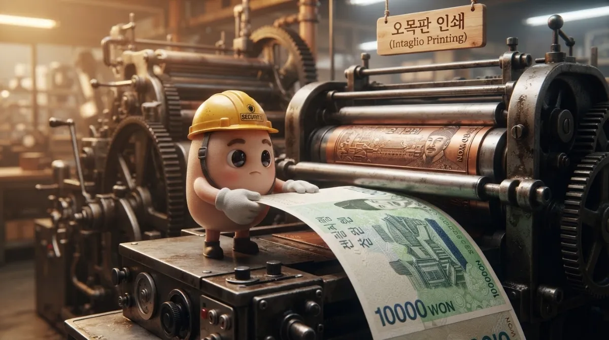 노란색 안전모와 흰 장갑을 착용한 미니미 캐릭터가 거대한 산업용 오목판 인쇄기 앞에서 내수성 잉크로 지폐를 정밀 인쇄하는 장면의 미니미 합성 스타일 산업 다이어그램