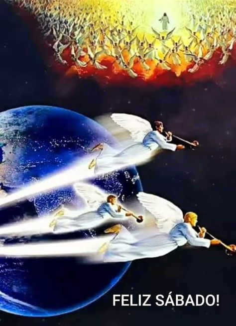 하늘에 천사가 나팔을 부는 사진