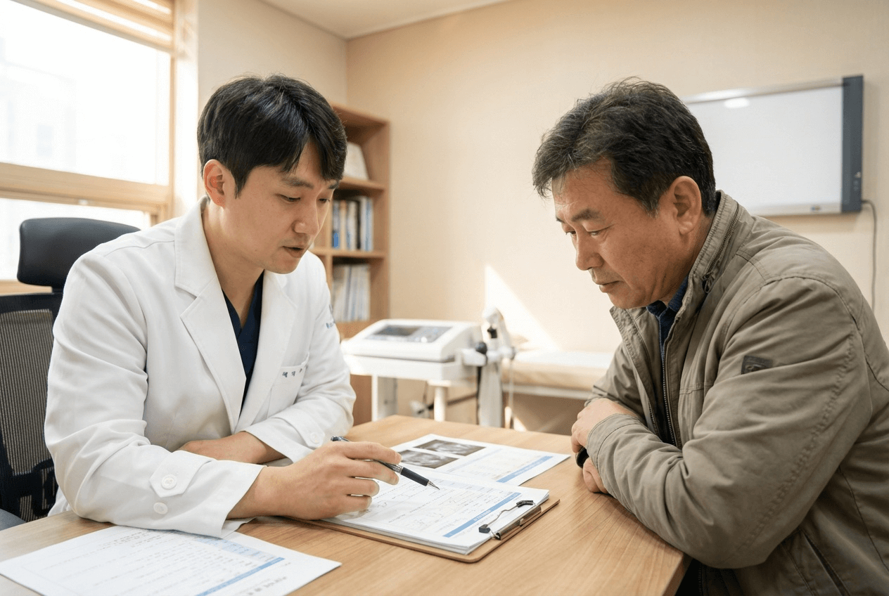 밝은 진료실에서 흰 가운을 입은 한국인 의사가 책상에 앉아 중년 남성에게 혈액검사 결과가 적힌 서류를 가리키며 자세히 설명해 주는 모습으로, 혈관·콜레스테롤 등 건강 상태를 상담하는 장면을 담은 이미지입니다.