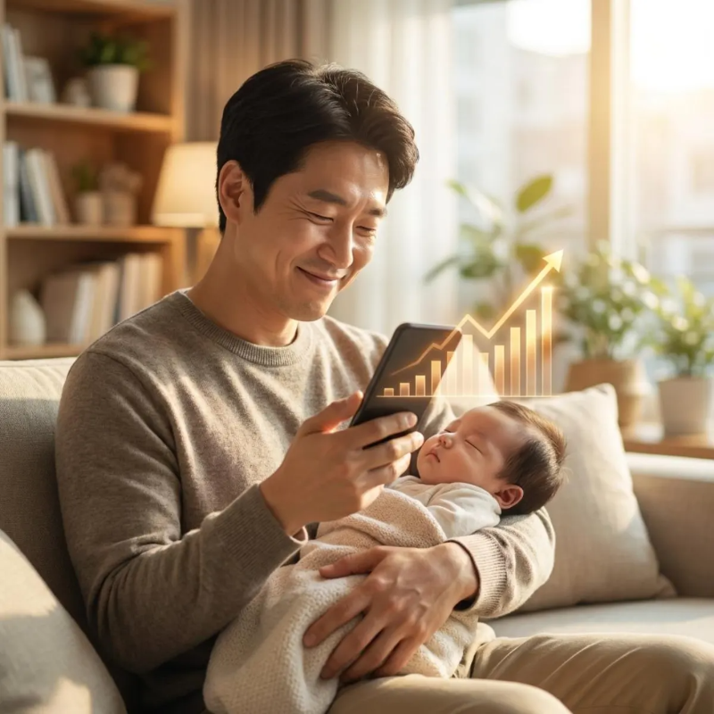 2026년 인상된 육아휴직 급여 소식을 확인하며 안도하는 표정으로 아기를 안고 있는 한국인 아빠의 모습