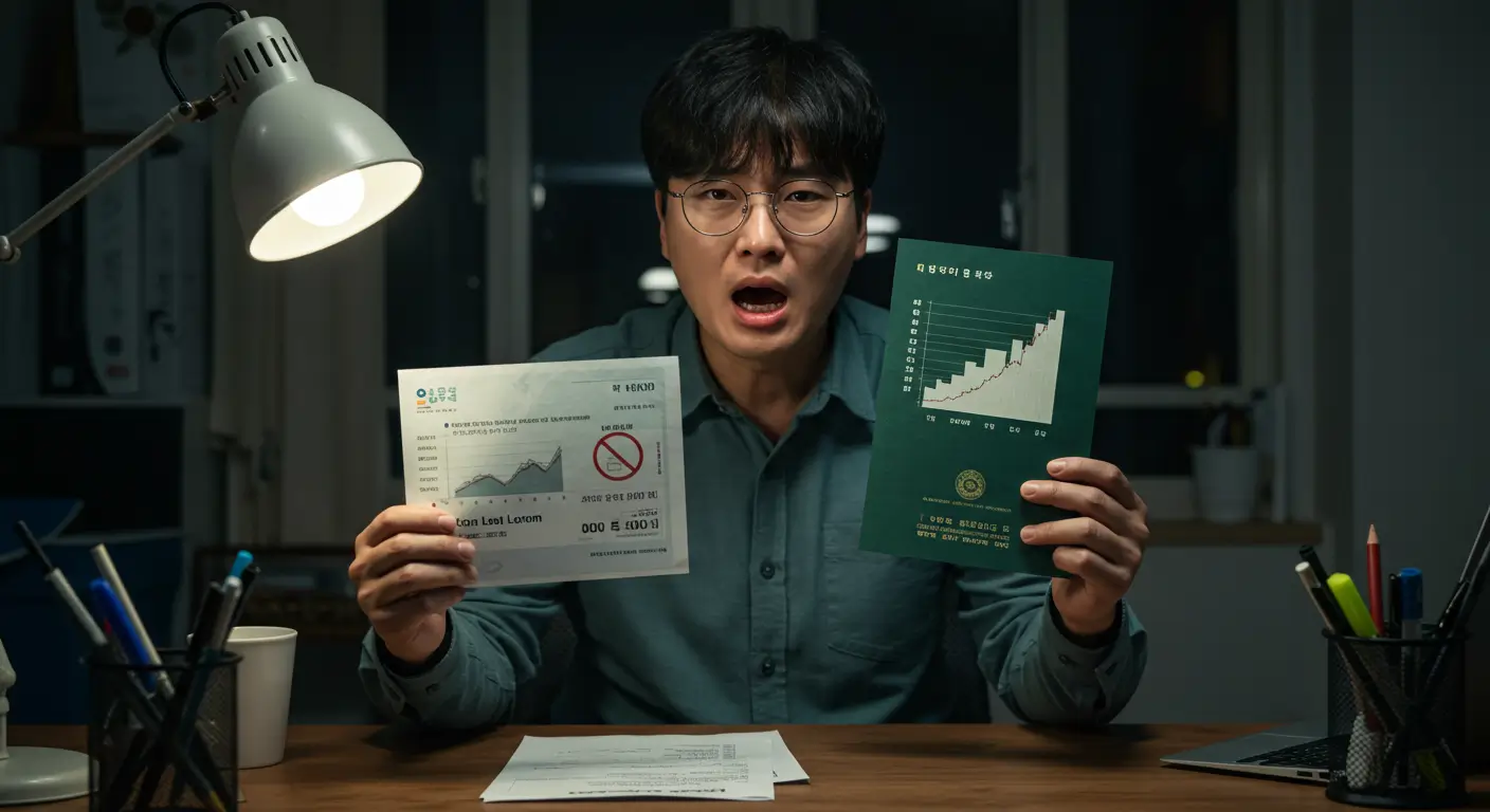 높은 실제 소득과 낮은 대출 한도 서류를 비교하며 답답해하는 한국인 프리랜서