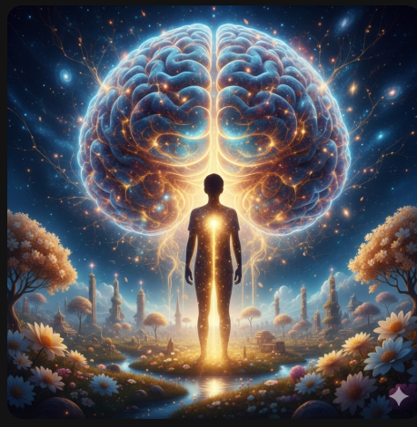 무의식의 힘을 시각화한 이미지. 우주 같은 뇌의 형상 속에 서 있는 사람과 그로부터 뻗어 나가는 황금빛 성공의 길.