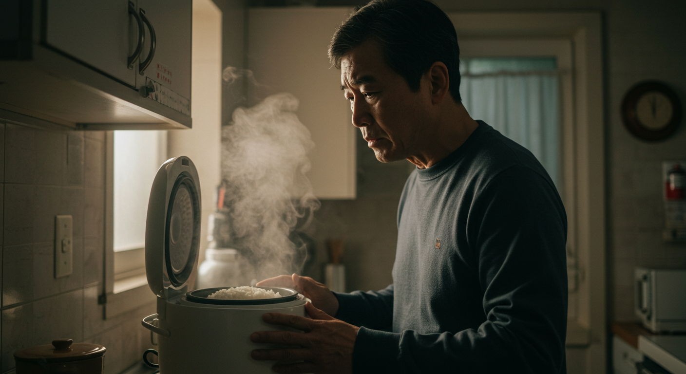 밥솥에서 김이 모락모락 나는 흰쌀밥을 보며, 먹고 싶은 마음과 혈당 걱정 사이에서 고민하는 한 50대 한국인 남성의 모습