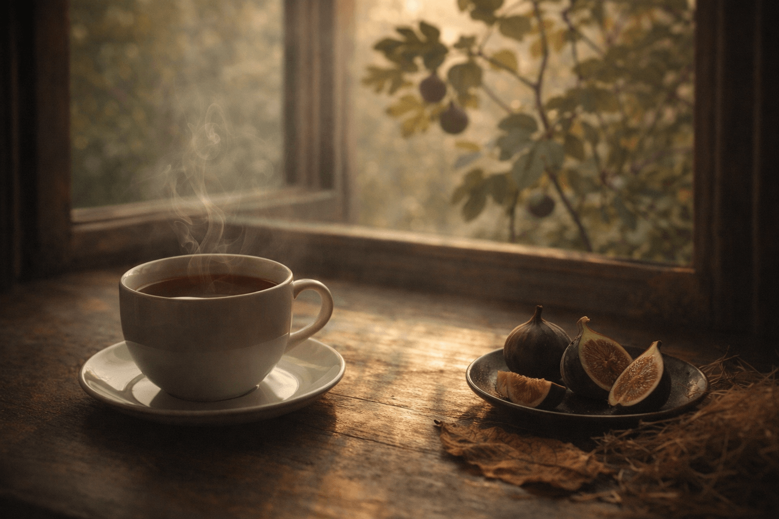 “가을 오후 햇살이 비치는 창가의 나무 테이블 위에 김이 오르는 홍차 한 잔과 접시에 담긴 무화과가 놓여 있는 장면”