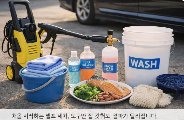 고압세척기, 카샴푸, 폼랜스, 극세사 타월, 버킷, 세차 장비들과 함께 건강 식단이 한 장면에 놓인 셀프 세차 준비 모습