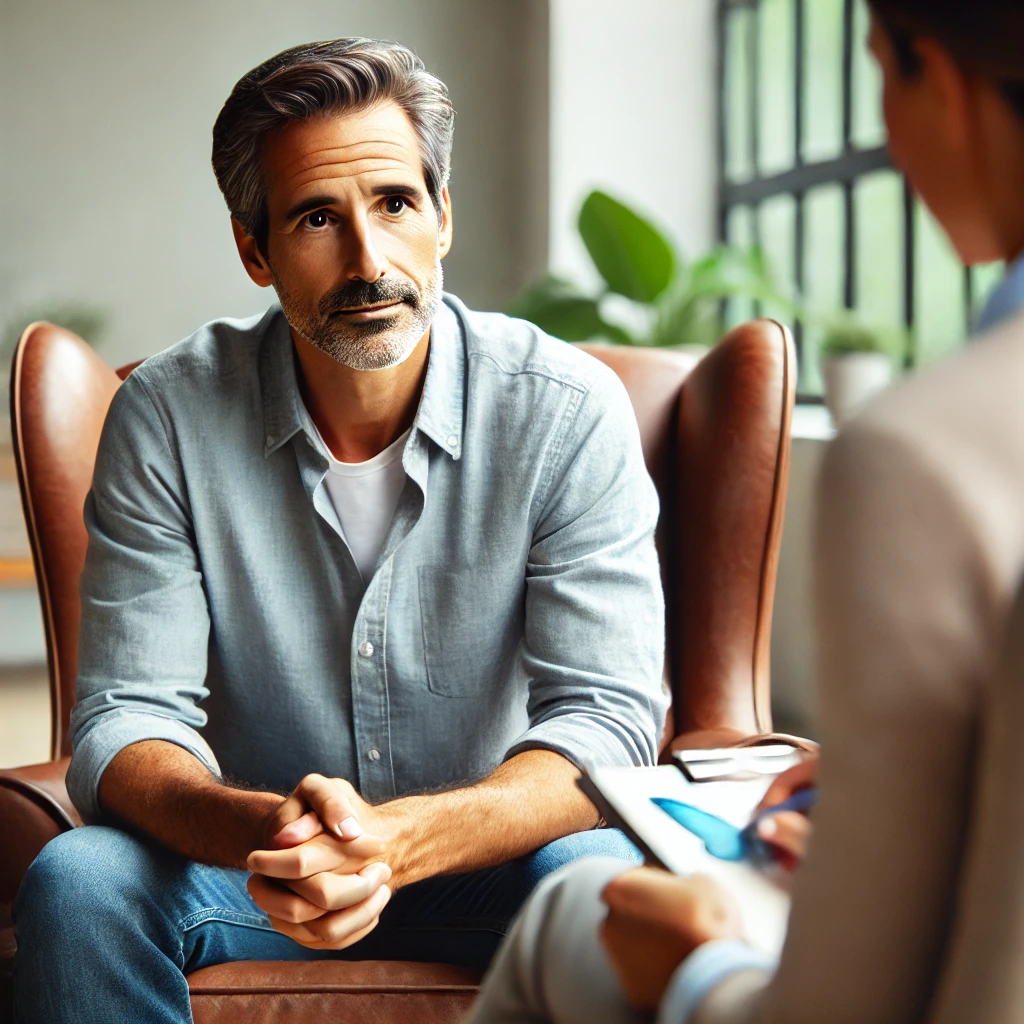 상담 세션에서 심리 치료를 받는 중년 남성