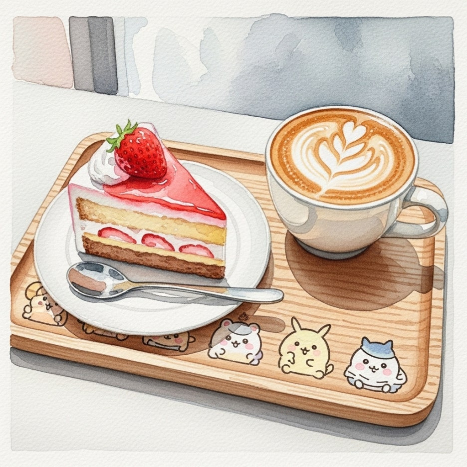 캐릭터 일러스트와 함께 차려진 디저트 세트의 화사한 풍경