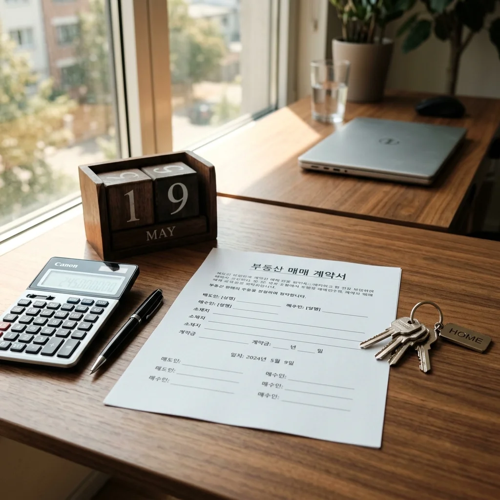 2026년 5월 9일 다주택자 양도세 중과 유예 종료일을 강조하는 부동산 계약 서류와 캘린더의 모습