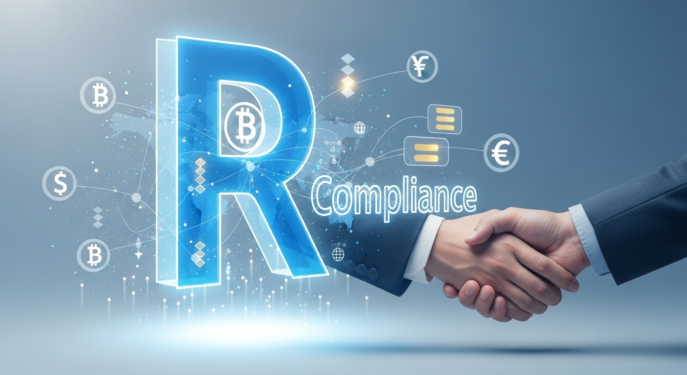 금융 규제와 법률 준수를 상징하는 'R' 문자와 악수하는 손, 블록체인 노드가 연결된 모습으로, 코인 거래소의 신뢰도와 투명성을 강조하는 이미지.