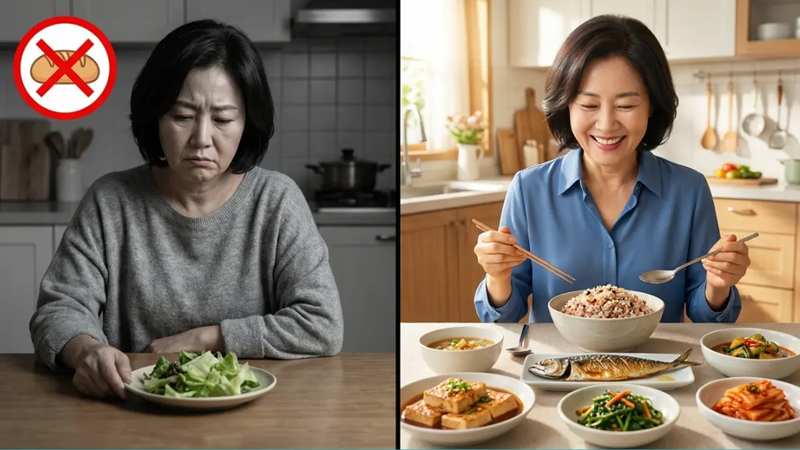 탄수화물 금지로 좌절하는 50대 여성과 건강한 식단으로 뱃살을 성공적으로 감량한 여성의 모습. 탄수화물 줄이기 다이어트 성공 비법.