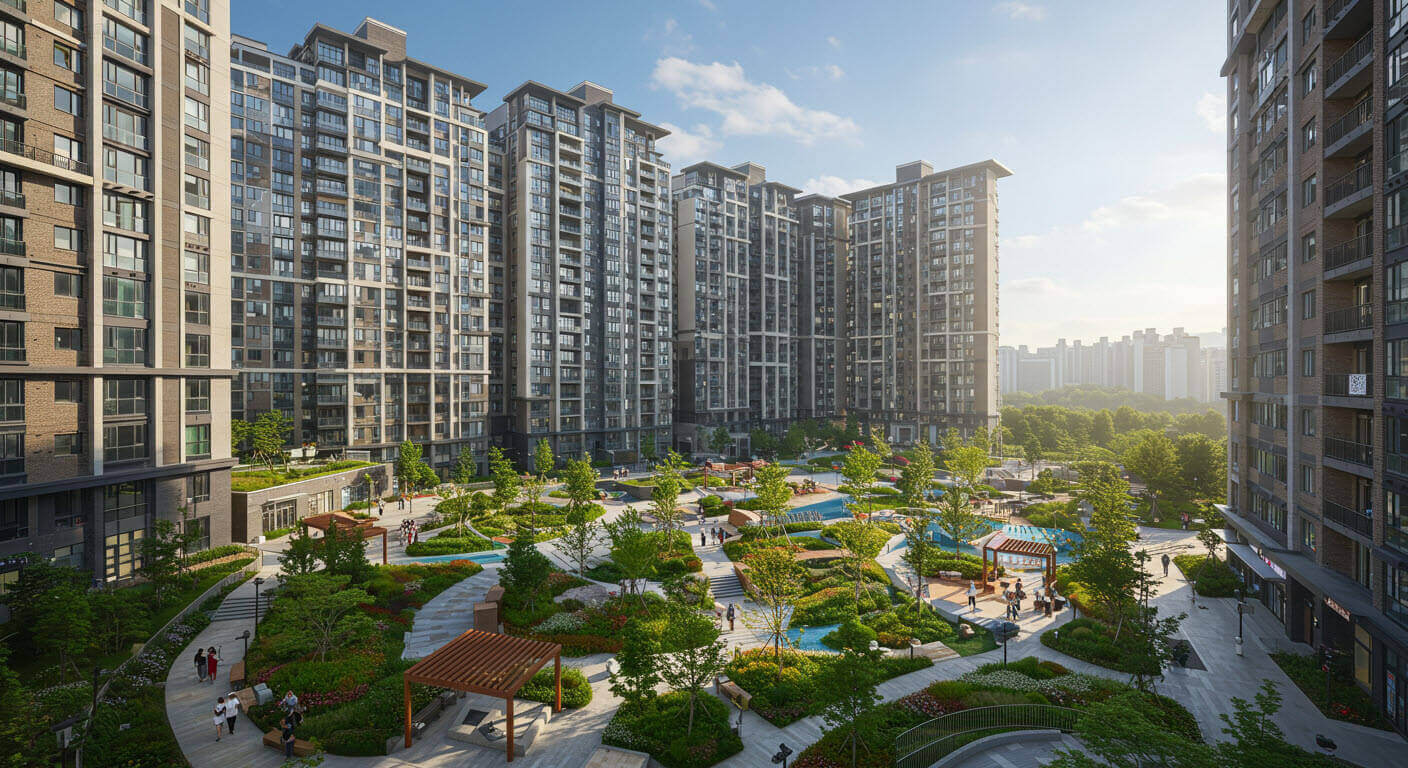 아파트와잘꾸며진 정원과 조경수