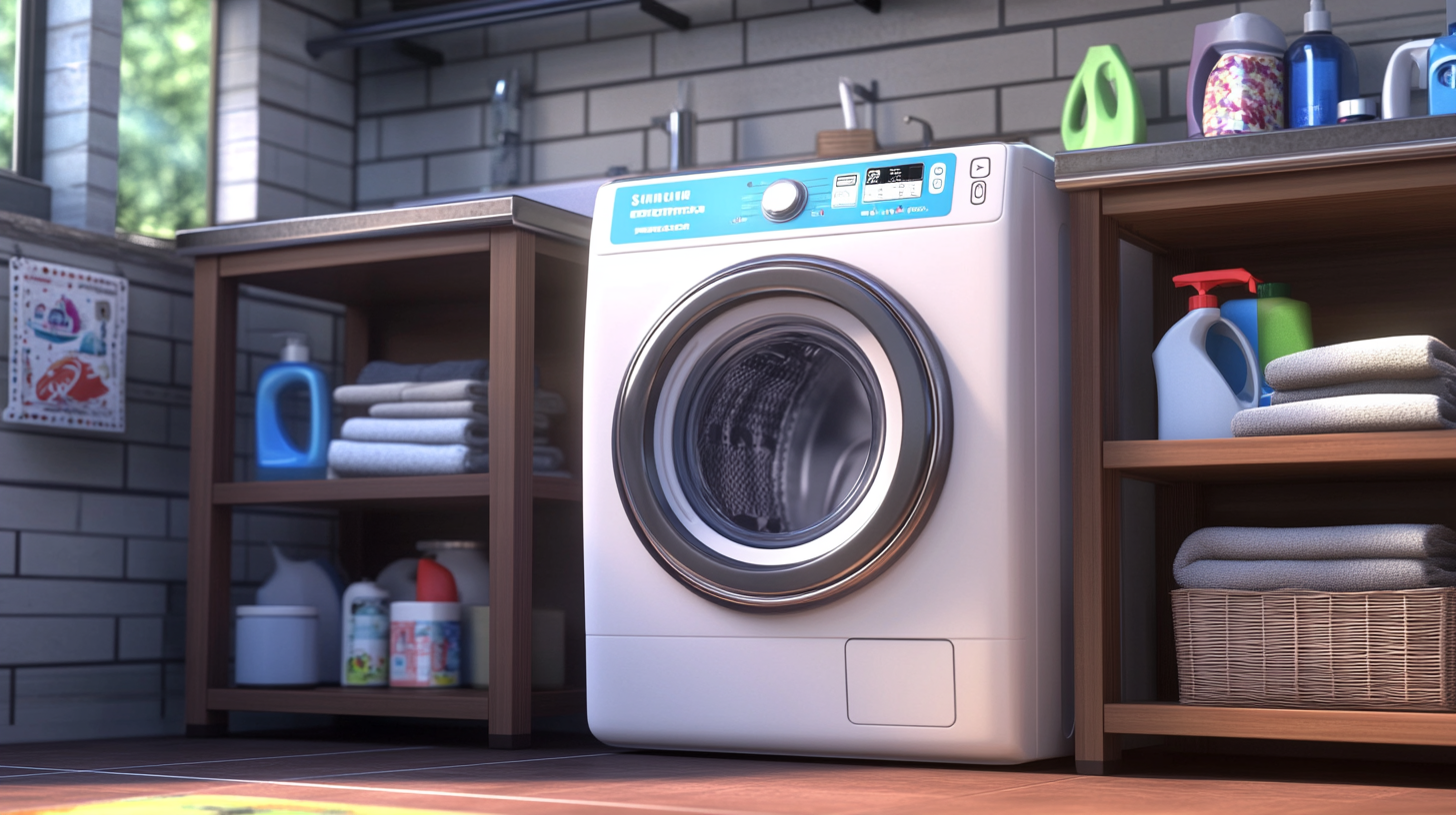 최신 스마트 기능과 에너지 절약 옵션으로 통합된 삼성 세탁기가 있는 미래형 세탁실 장면입니다. 현대적 가정 환경과 조화롭게 어우러지며, 세련된 디자인과 지속 가능한 기술이 강조됩니다.