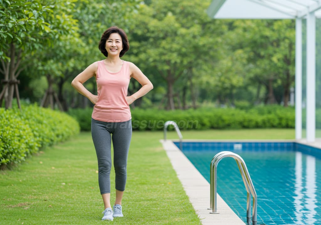 갱년기 증상 완화를 위해 걷기나 수영을 하는 한국 중년 여성. 편안한 표정과 함께 저강도 운동을 하는 모습입니다.