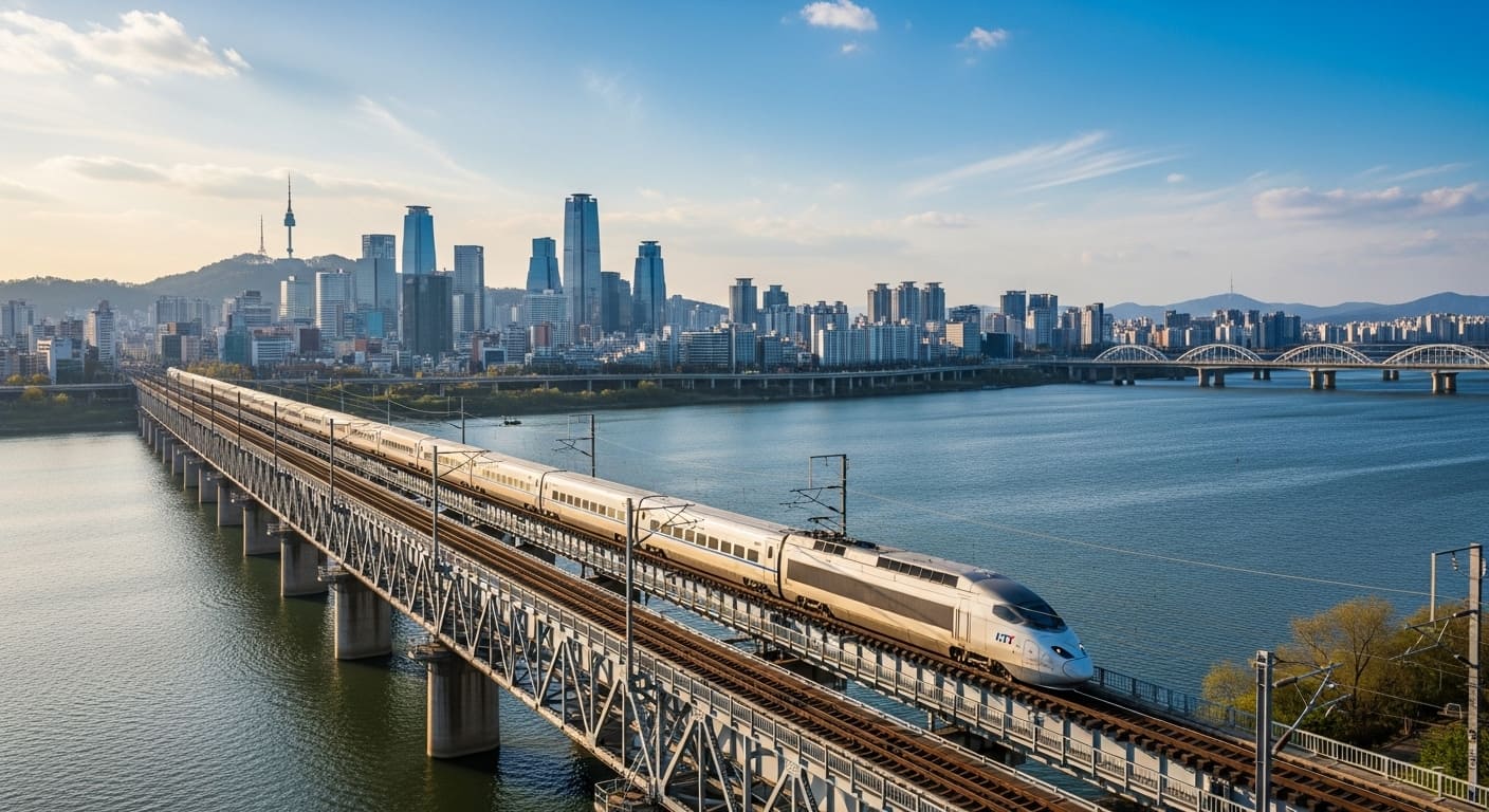 서울 도심을 배경으로 한강 철교를 달리는 KTX 열차