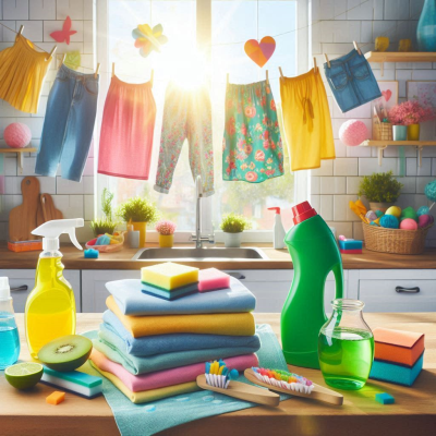 햇빛이 가득한 주방에서 건조된 옷과 정돈된 세제가 놓인 장면