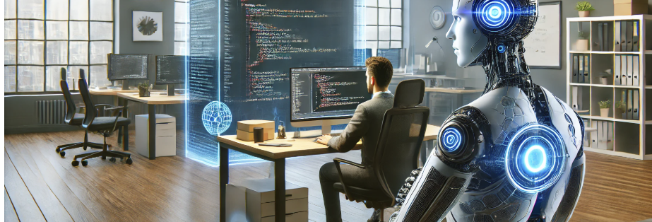 오피스 환경에서 GitHub Copilot을 활용하는 개발자의 모습을 담은 이미지