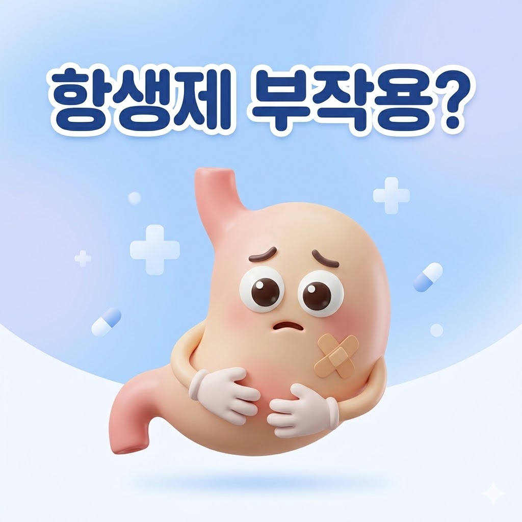 항생제 복용 후 배가 아픈듯한 귀여운 캐릭터 일러스트. 항생제 부작용에 대한 경고.