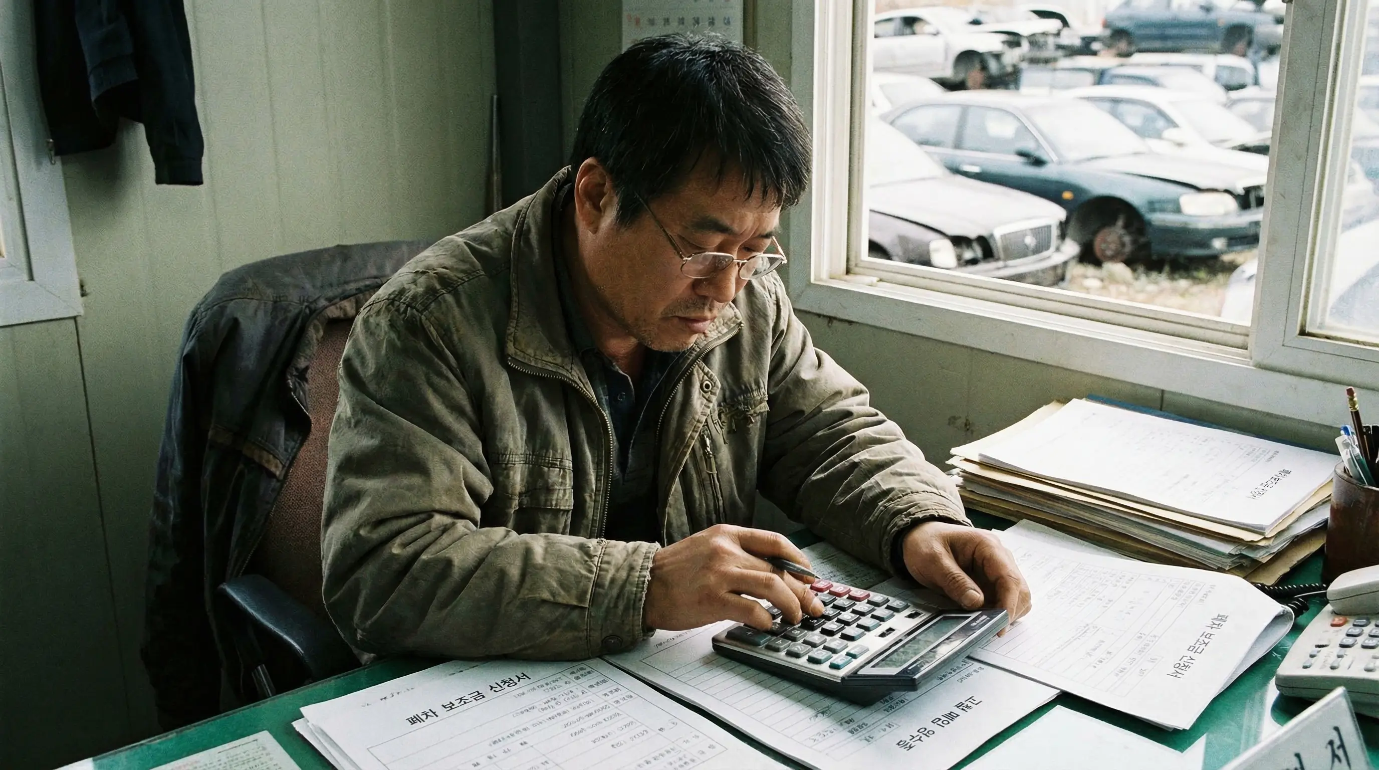 계산기를 두드리며 자동차 폐차 예상 보조금과 고철값을 합산해보는 모습