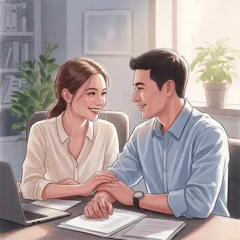 미소로 대화하는 직장 동료