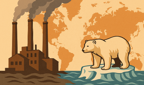 지구가 바다에 반쯤 잠긴 채 떠 있으며, 그 주위를 플라스틱 쓰레기들이 떠다니는 장면의 일러스트