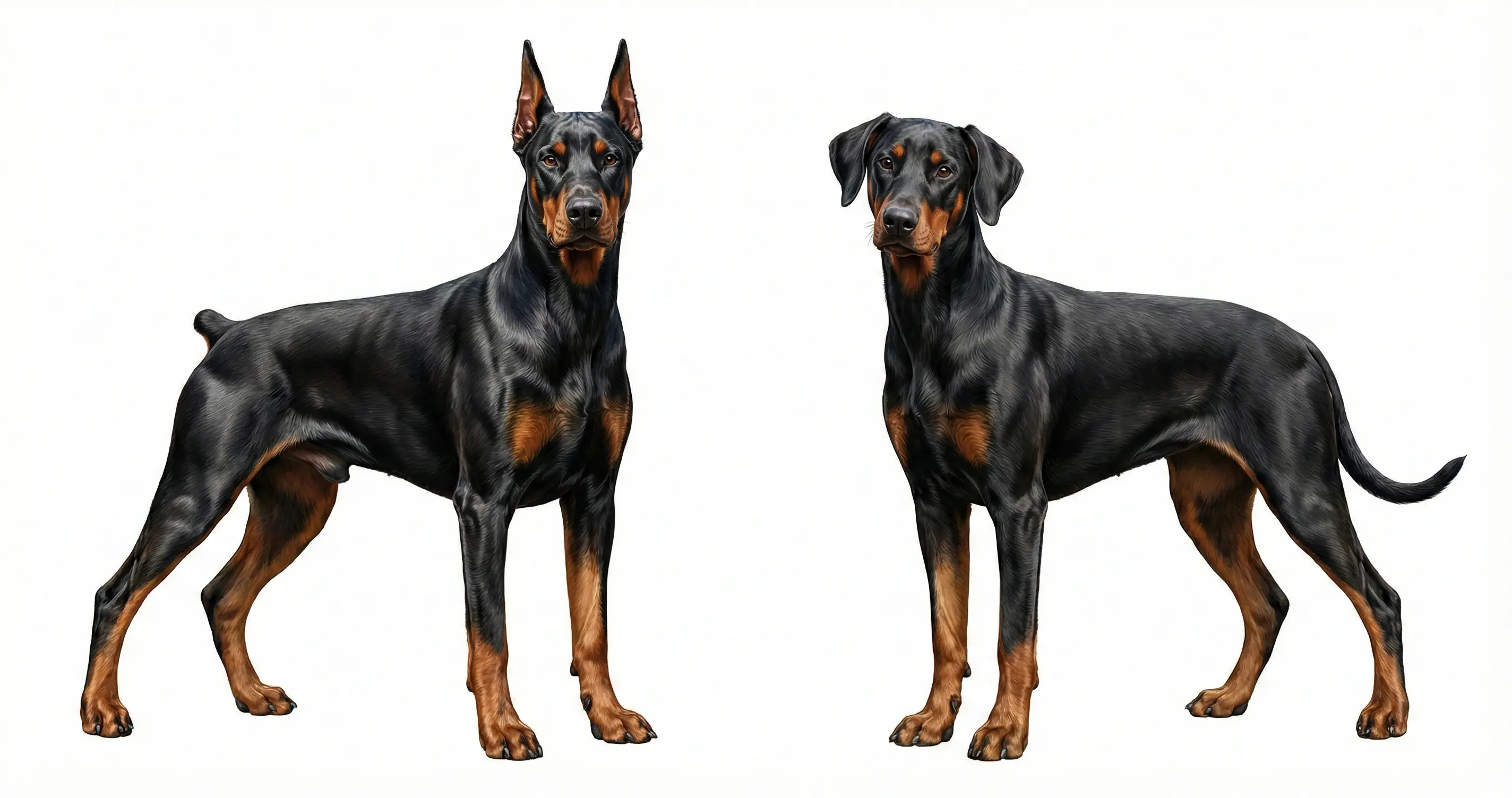 귀가 쫑긋하게 선 단이된 도베르만과 귀가 덮인 자연 상태의 도베르만 비교 이미지
