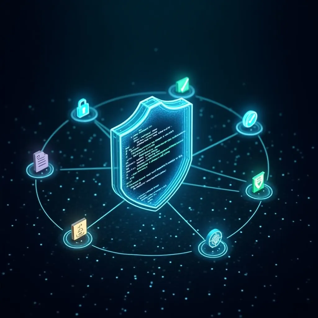 바이브코딩-대화로 앱 만들기: 바이브 코딩 보안 가드레일을 시각화한 3D 홀로그램 일러스트. 중앙의 빛나는 육각형 방패가 코드를 보호하고 주변에 자물쇠&amp;#44; 체크마크&amp;#44; 키&amp;#44; 문서&amp;#44; 롤백 등 5가지 보안 체크포인트가 다채로운 네온 효과로 연결된 구조 (security guardrails&amp;#44; code protection&amp;#44; quality checklist&amp;#44; AI safety measures) 