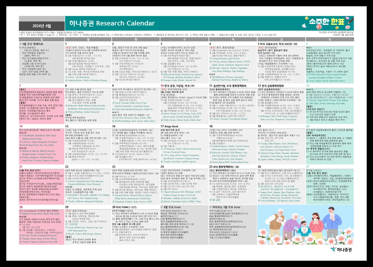 2024년 4월 하나증권 증시 캘린더(주식 주요일정 달력) 다운로드
