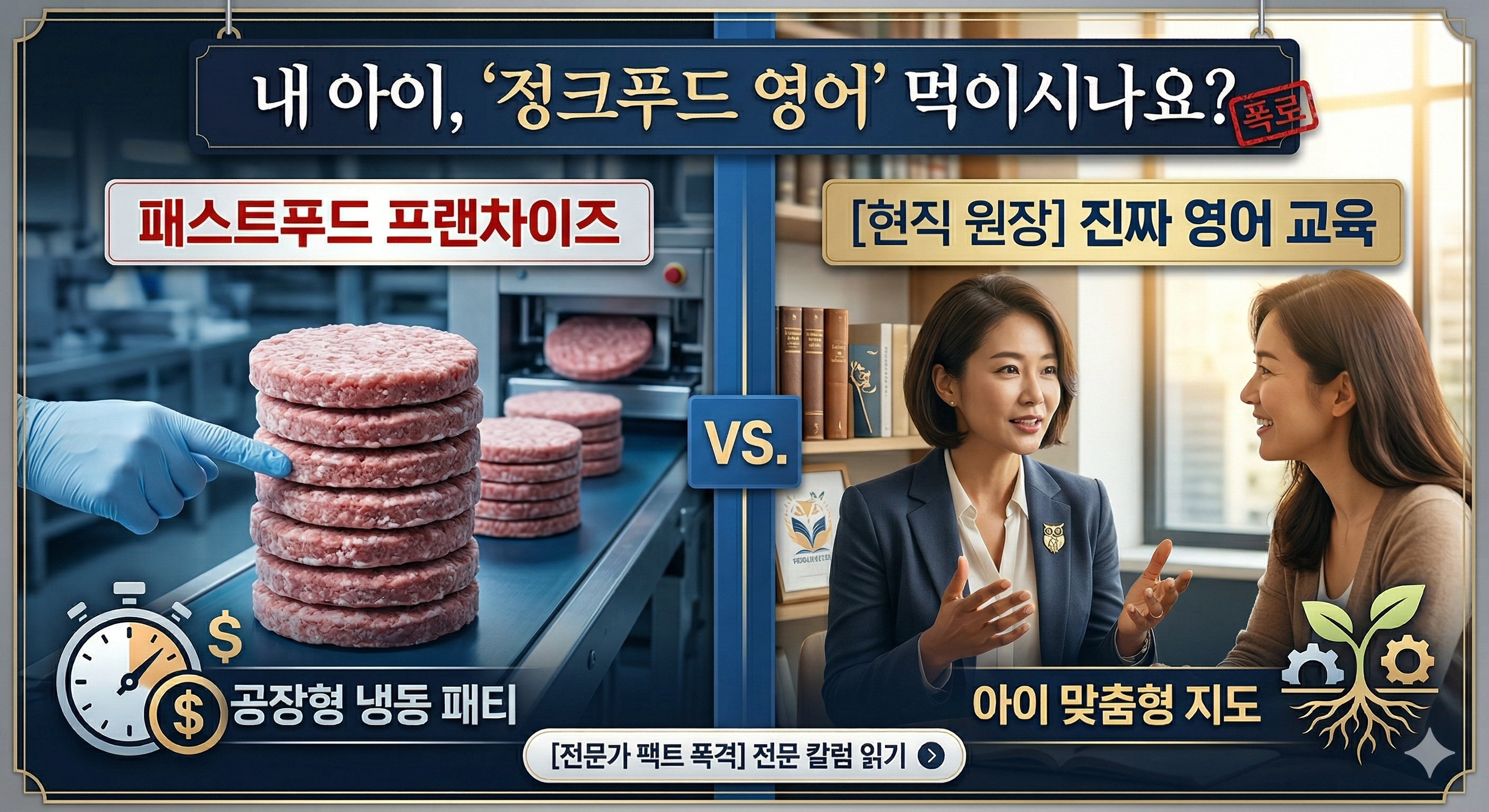 이 이미지는 영어 교육의 질을 비교하는 블로그 썸네일로, 화면이 좌우로 나뉘어 '공장형 프랜차이즈'와 '현직 원장의 맞춤형 교육'을 시각적으로 극명하게 대비하고 있습니다.

[좌측 영역: 프랜차이즈 교육]

배경: 차가운 금속 느낌의 기계 설비가 있는 공장 내부 모습입니다.

이미지: 컨베이어 벨트 위에 분홍색 냉동 패티들이 수직으로 높게 쌓여 이동하고 있으며, 파란색 위생 장갑을 낀 손이 이를 기계적으로 가리키고 있습니다.

텍스트: 상단에 '패스트푸드 프랜차이즈'라는 붉은색 글자가 적혀 있고, 하단에는 시계와 달러 기호 아이콘과 함께 '공장형 냉동 패티'라는 문구가 있습니다.

[우측 영역: 진짜 영어 교육]

배경: 따뜻한 조명과 책장, 교구들이 있는 아늑한 상담실 풍경입니다.

이미지: 지적인 인상의 한국인 여성 원장이 신뢰감 있는 표정으로 학부모와 마주 앉아 진지하게 상담하고 있습니다.

텍스트: 상단에 '[현직 원장] 진짜 영어 교육'이라는 금색 배경의 문구가 있고, 하단에는 새싹과 톱니바퀴 아이콘이 합쳐진 로고와 함께 '아이 맞춤형 지도'라는 문구가 적혀 있습니다.

[중앙 및 상하단 텍스트]

중앙: 두 영역 사이에 'VS.'라는 글자가 배치되어 대립 구조를 강조합니다.

상단 메인 타이틀: 어두운 네이비색 바탕에 흰색 글씨로 '내 아이, 정크푸드 영어 먹이시나요?'라는 문구와 함께 빨간색 '폭로' 도장이 찍혀 있습니다.

하단 버튼: 맨 하단에는 '[전문가 팩트 폭격] 전문 칼럼 읽기 >'라는 문구가 적힌 길쭉한 타원형 버튼이 위치합니다.