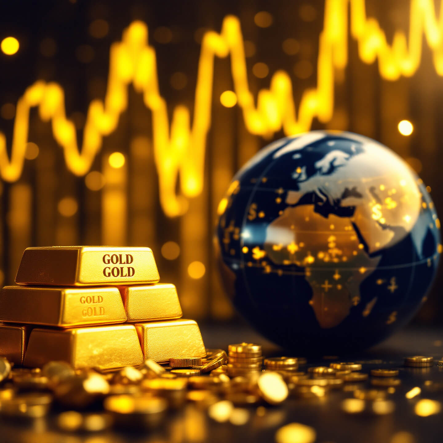 화려한 금빛 배경 속에서 지구본과 금괴가 중심을 차지한 이미지입니다. 지구본은 어두운 색조에 황금색으로 강조된 대륙들이 그려져 있으며, 글로벌 금 시장을 상징합니다. 지구본 앞에는 깔끔하게 쌓인 금괴들이 있으며, 금괴에는 "GOLD"라는 글씨가 새겨져 있습니다. 주변에는 금빛 동전들이 흩어져 있어 풍요로움을 표현합니다. 배경에는 금융 차트를 연상시키는 금색 선들이 상승하는 곡선을 그리고 있어 금 가격 상승과 관련된 긍정적인 분위기를 강조합니다. 전반적으로 글로벌 금 시장의 중요성과 금의 가치 상승을 시각적으로 전달하는 이미지입니다