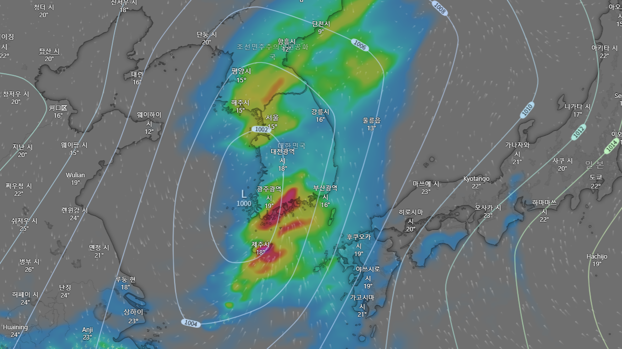 윈디 기상예측 시물레이션에서 예보한 22일 대한민국 기상메보