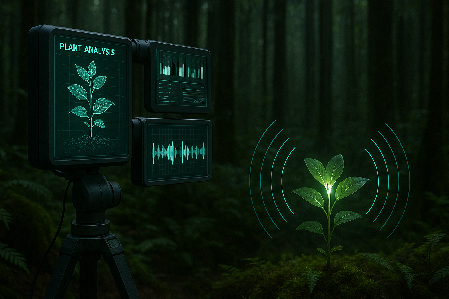 멸종 위기 식물로부터 소리파를 포착하고 분석하는 미래형 AI 식물학 장치(Ai생성이미지)