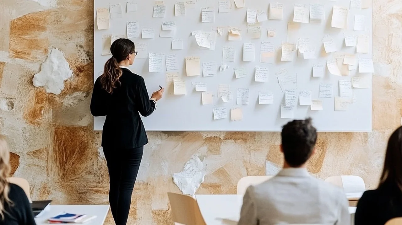 다양한 금융 자문가들이 세미나실에서 미래 연금 테마형 ETF를 화이트보드에 기록하고 토론합니다. 협업과 흥분이 가득한 세미나 현장입니다.