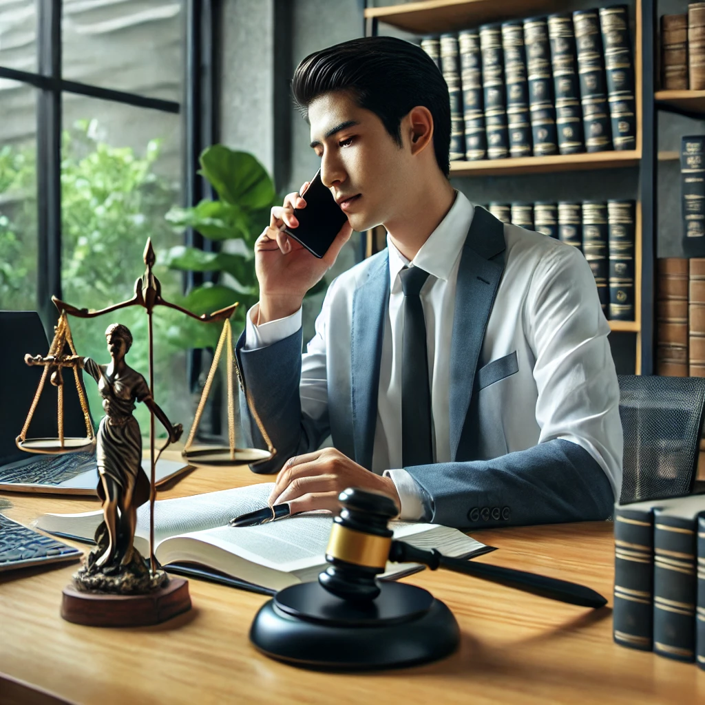 Lawyer in a modern office, speaking on the phone with legal documents and books visible on the desk.