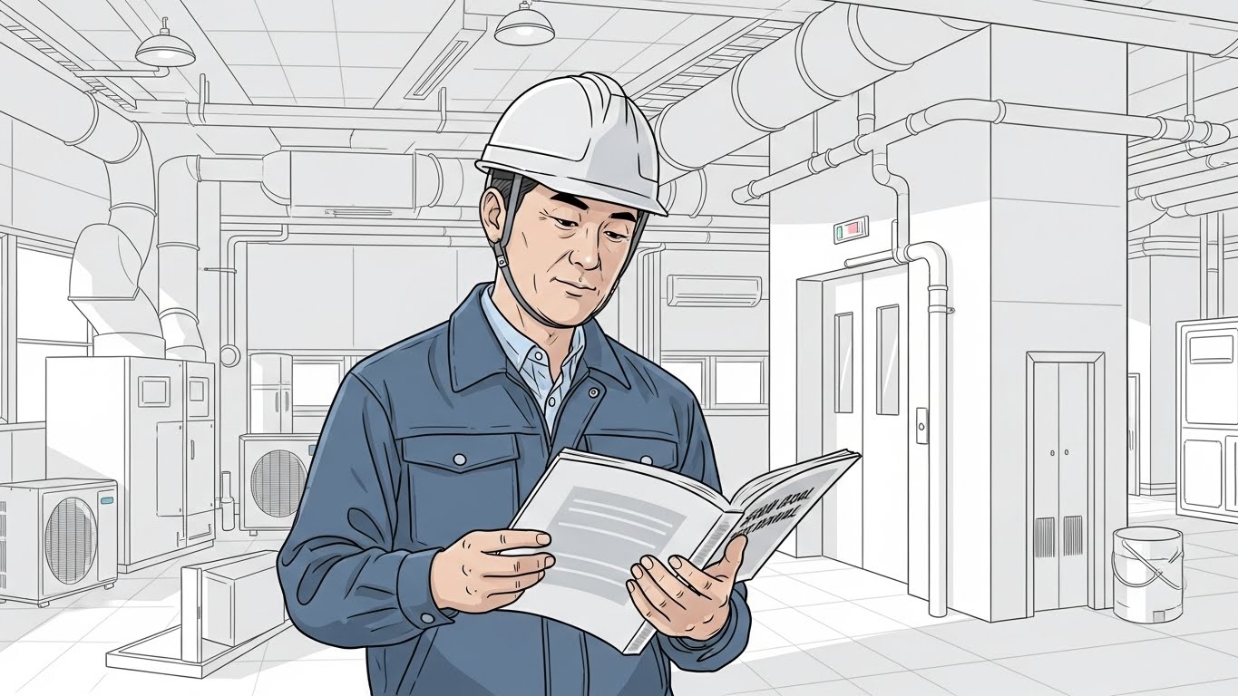 작업 현장 한편에서 안전모를 쓴 50대 남성이 두 손으로 두꺼운 현장 매뉴얼을 펼쳐보는 모습