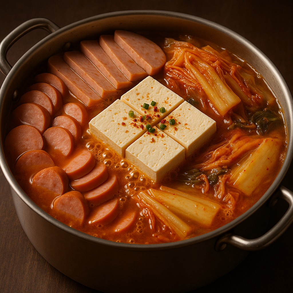 부대찌개 햄, 김치, 두부 토핑이 추가된 맛있는 부대찌개