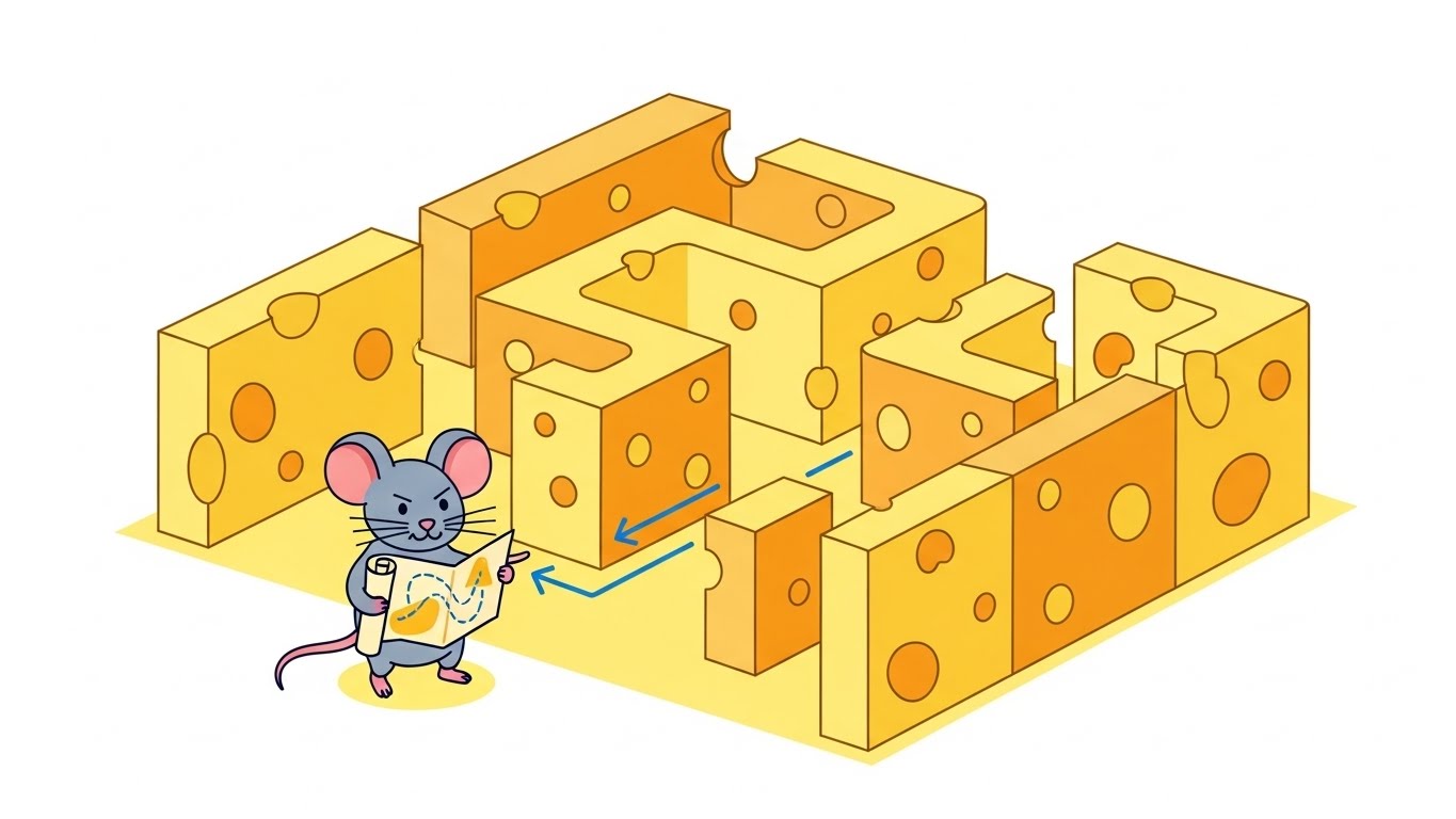 치즈 벽으로 된 미로에서 지도를 보며 지름길을 찾아내는 똑똑한 쥐 캐릭터 일러스트
