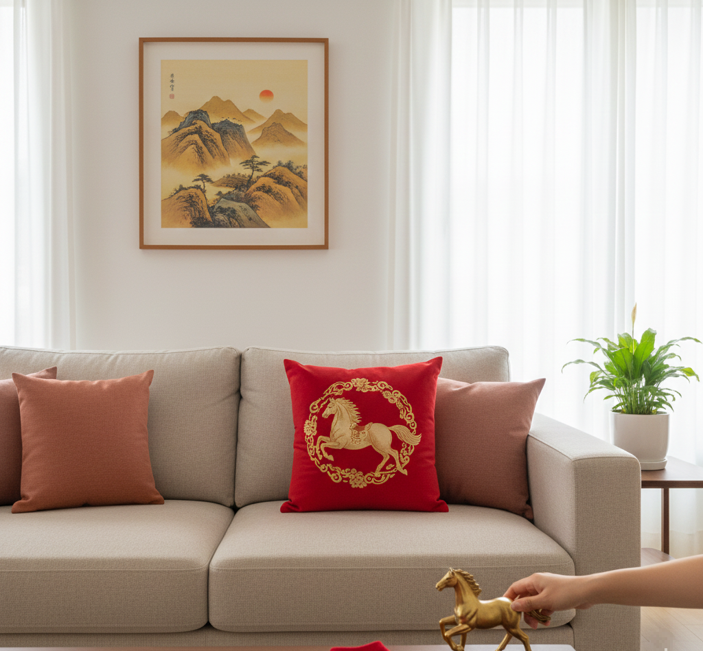 2026년 본띠해 말띠 운세를 높여주는 빨간색 소품과 말 조각상이 배치된 거실 풍수 인테리어