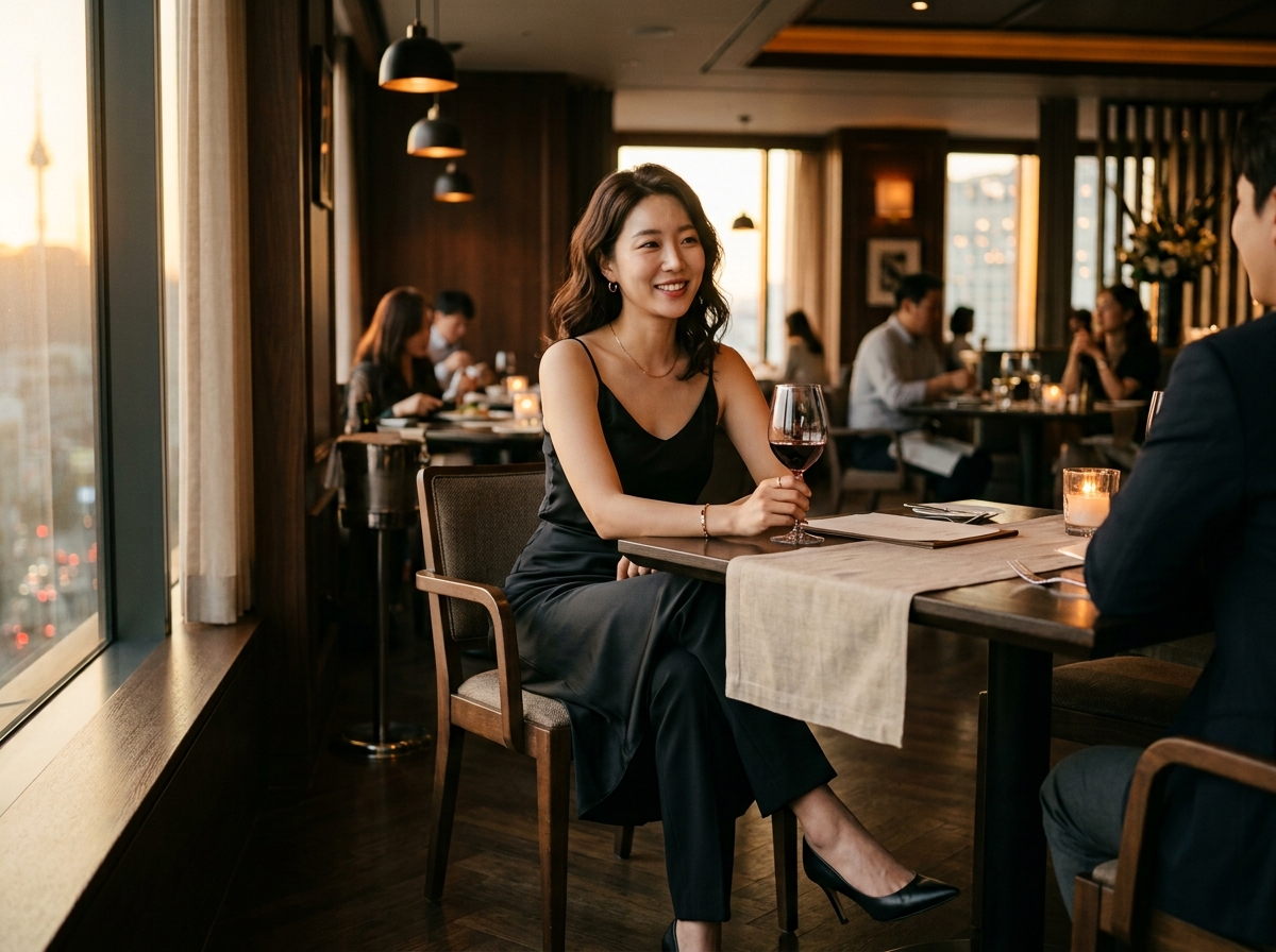 A Korean woman wearing a satin slip dress layered over tailored trousers, elegant evening date outfit, warm golden hour lighting, upscale restaurant background blurred, sophisticated casual fashion photography