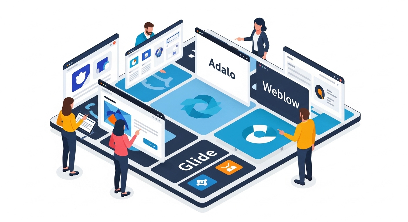 다양한 노코드 플랫폼 인터페이스가 전시된 디지털 테이블 주위에서 여러 사람들이 협력하여 앱을 개발하는 모습