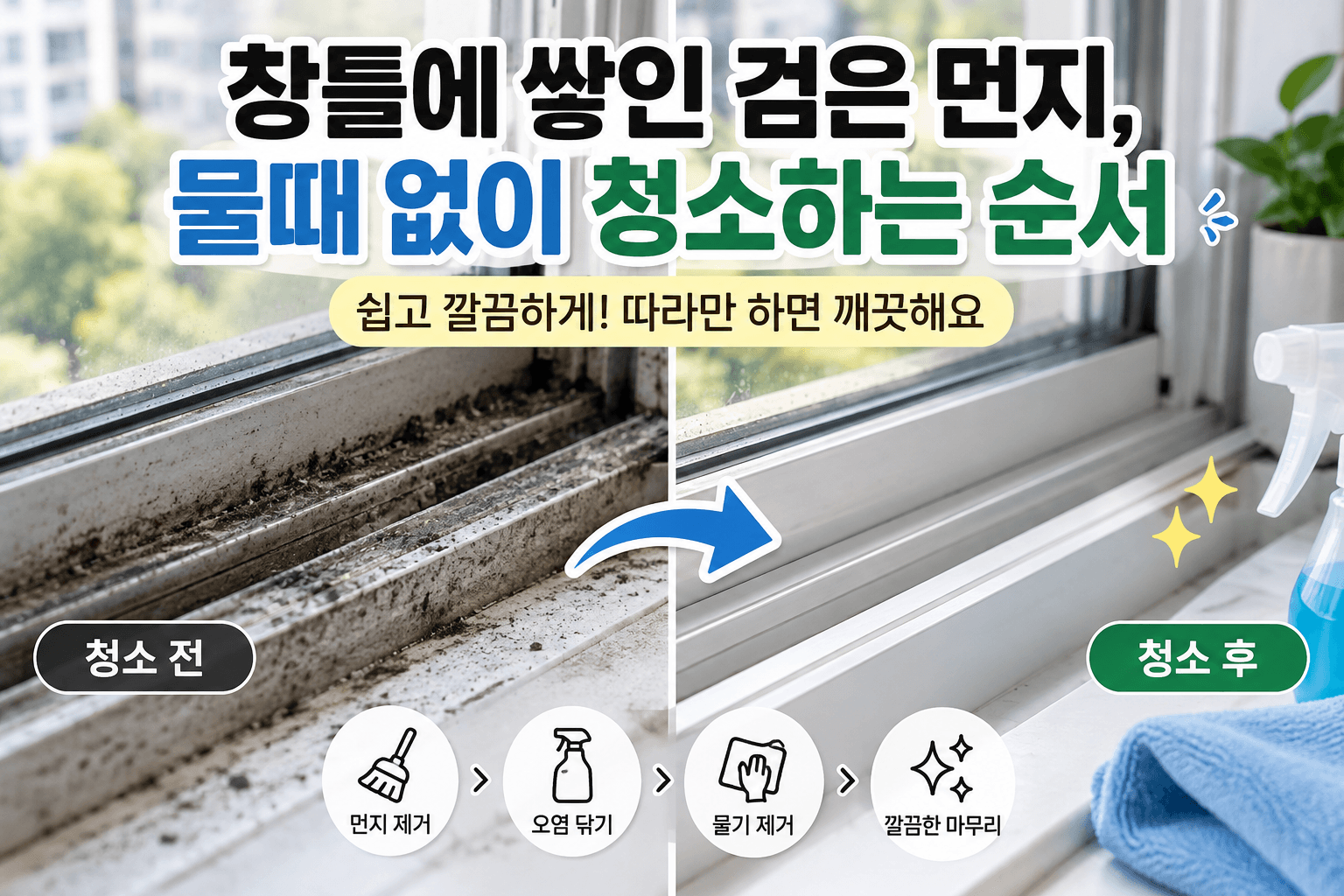 창틀에 쌓인 검은 먼지, 물때 없이 청소하는 순서