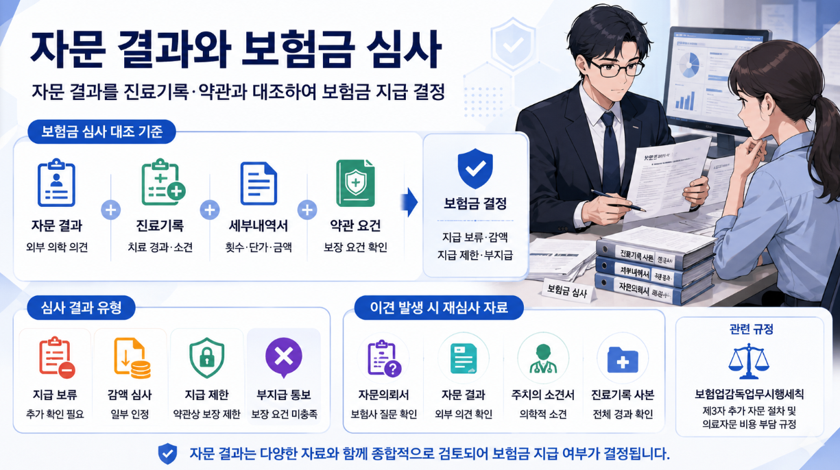 자문 결과와 보험금 심사를 설명하는 가로형 인포그래픽으로, 자문 결과, 진료기록, 세부내역서, 약관 요건을 대조해 보험금 결정을 안내하고 보험 심사 담당자들이 서류를 검토하는 장면을 담은 이미지