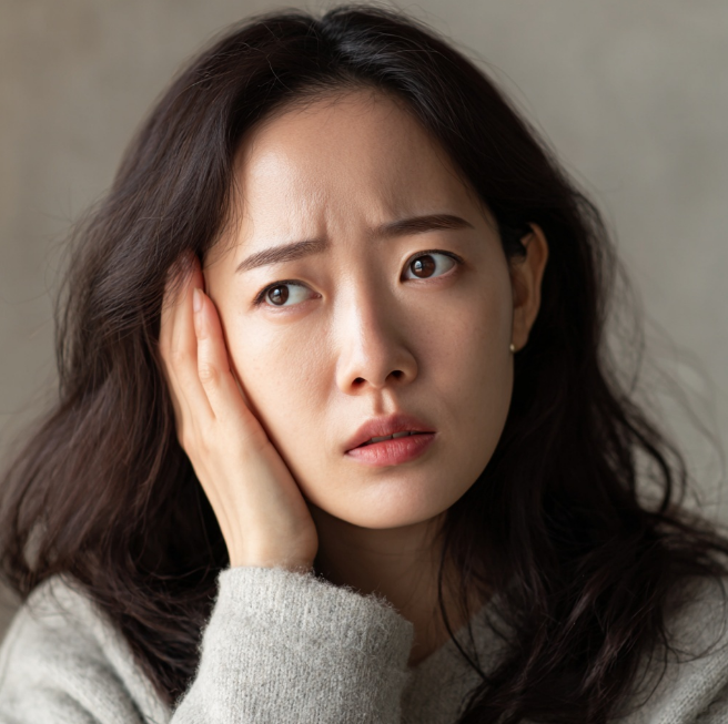 한쪽 귀가 먹먹해져 당황하는 여자