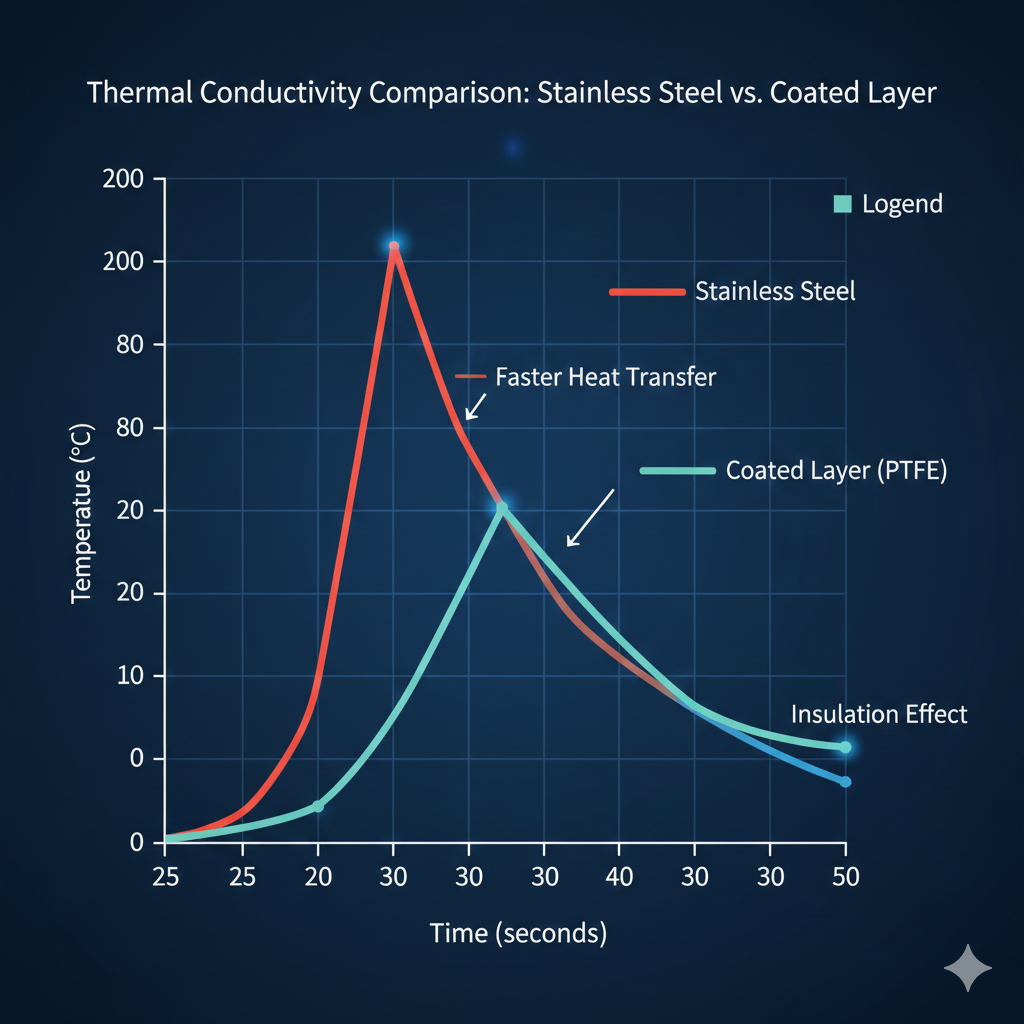 스테인리스와 불소수지 코팅 소재의 온도 상승에 따른 열전도율 및 내열성 비교 그래프 자료