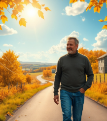 화창한 가을날 시골길을 걷고 있는 중년 남자