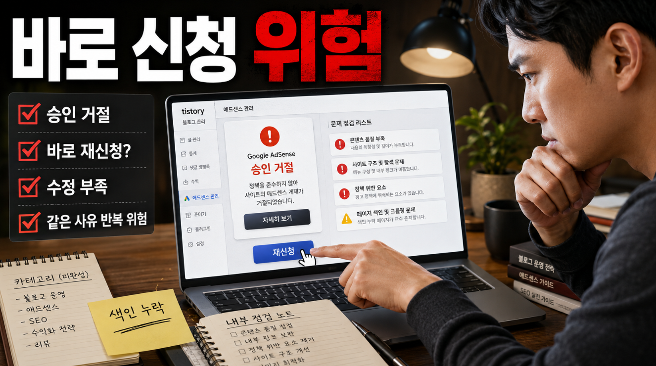 애드센스 승인 거절 후 수정 없이 바로 재신청하려는 위험 상황 이미지